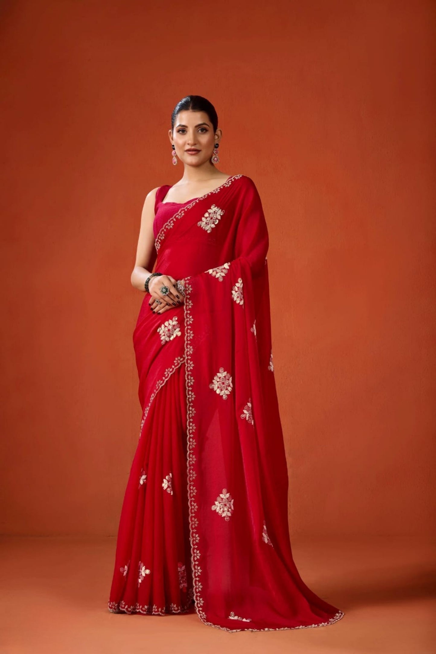 Red Embroidered Georgette Saree Floral Motifs Designer Border