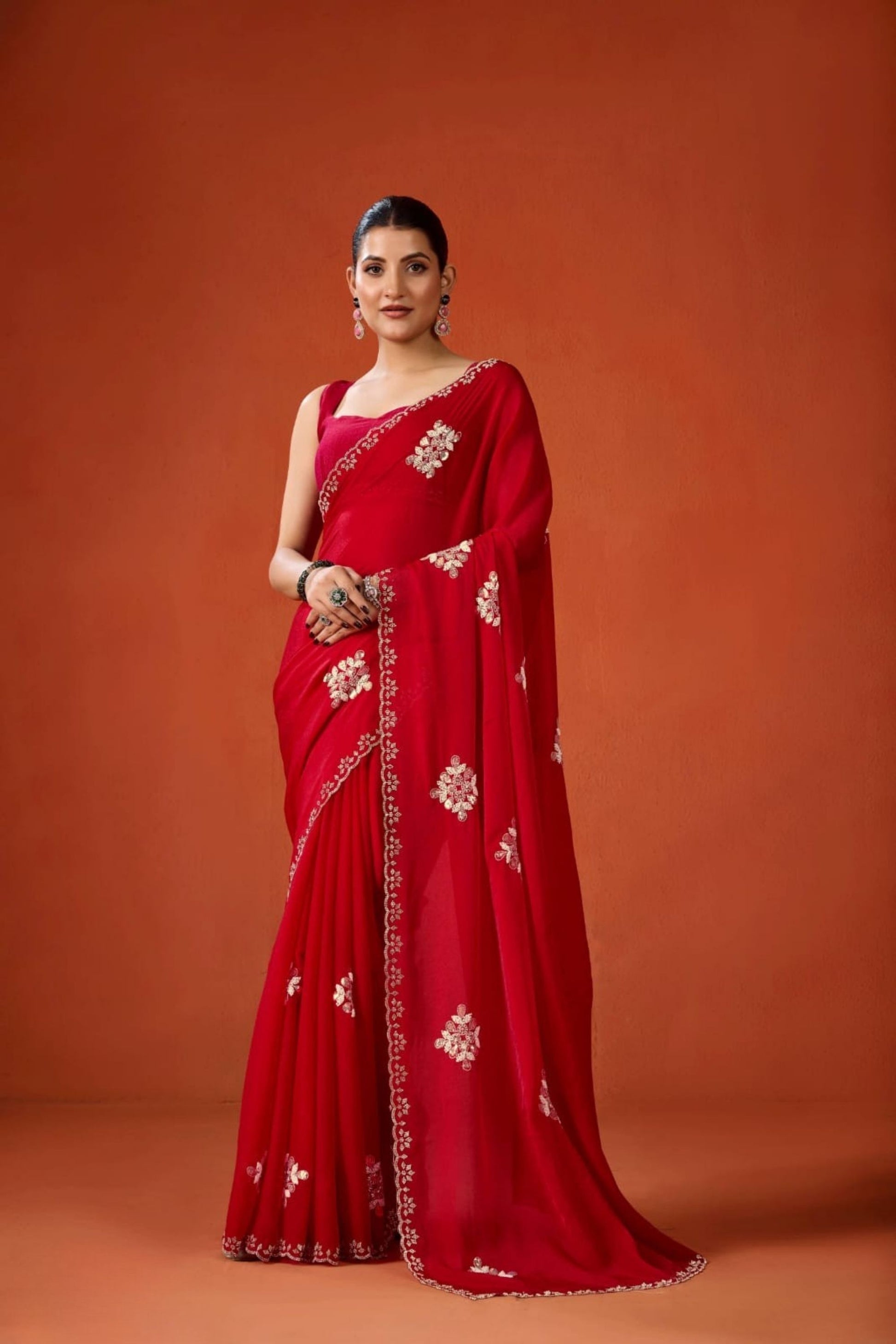 Red Embroidered Georgette Saree Floral Motifs Designer Border