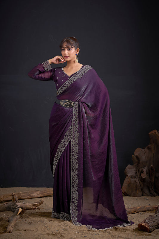 Wine Purple Silk Saree with Designer Embroidered Border