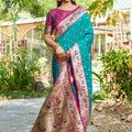 Teal Blue Silk Saree Pink Border Multicolor Peacock Zari Weaving Work
