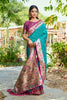 Teal Blue Silk Saree Pink Border Multicolor Peacock Zari Weaving Work