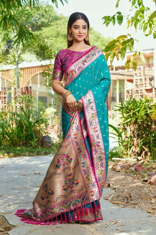 Teal Blue Silk Saree Pink Border Multicolor Peacock Zari Weaving Work