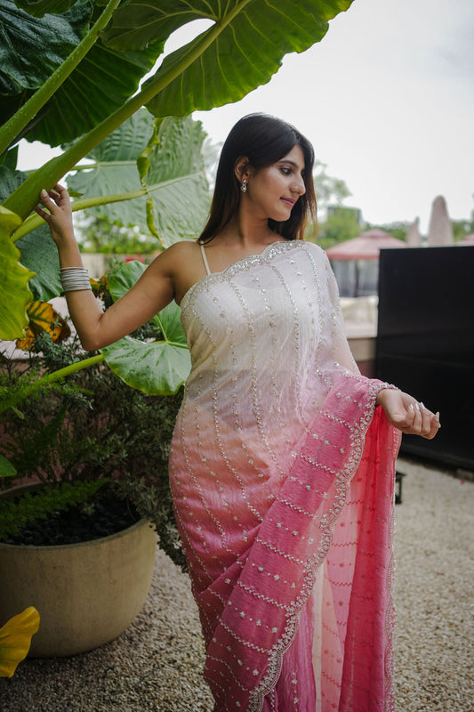 Pink And White Ombre Georgette Saree Designer Border Party Wear