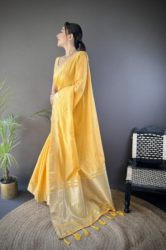 Mustard Yellow Linen Silk Saree with Golden Zari Border Tassel Pallu