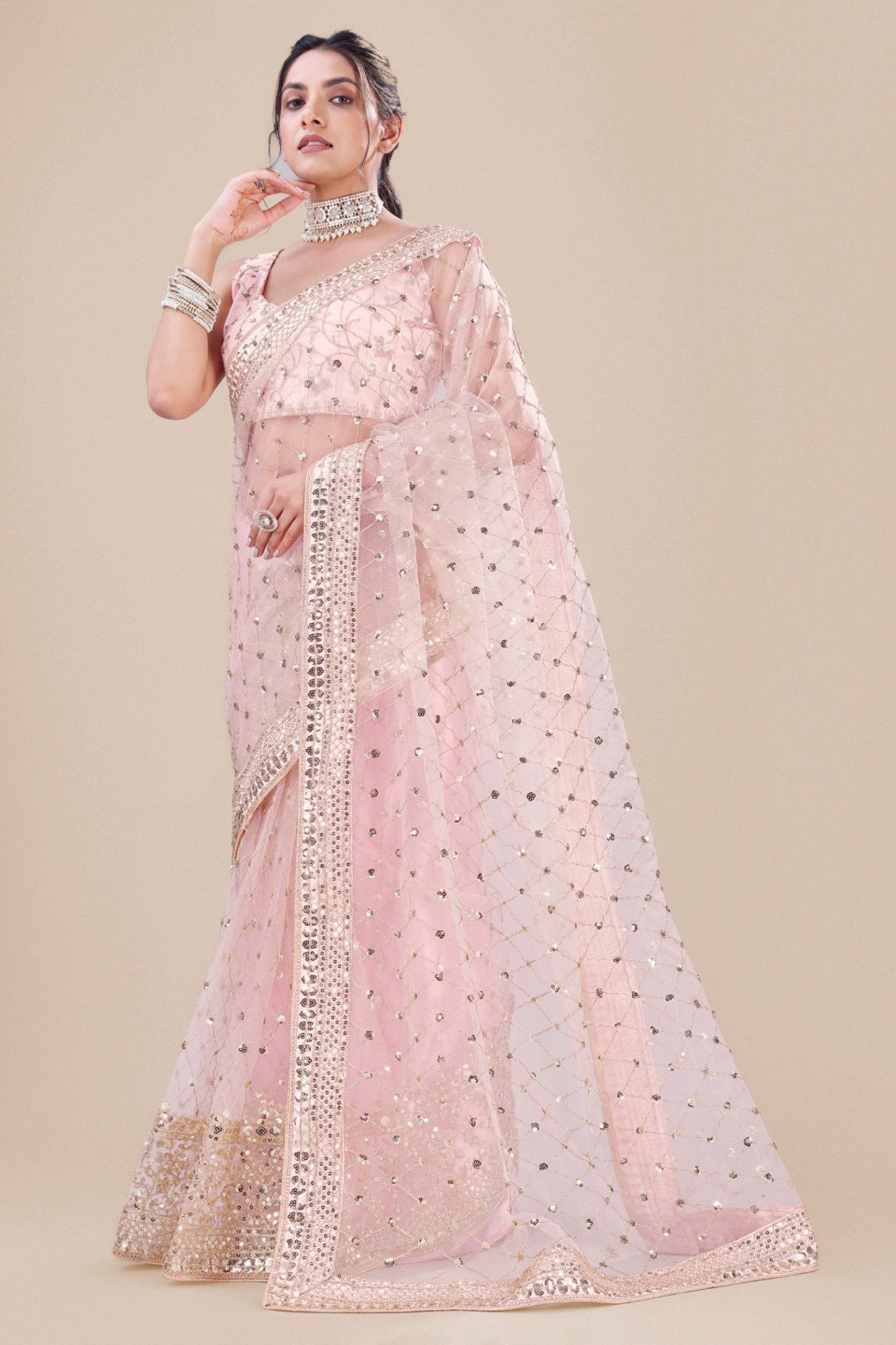 Pink Net Saree Heavy Sequins Embroidery Work Designer Blouse