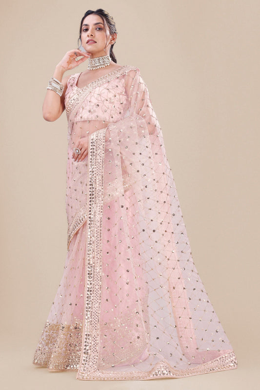 Pink Net Saree Heavy Sequins Embroidery Work Designer Blouse