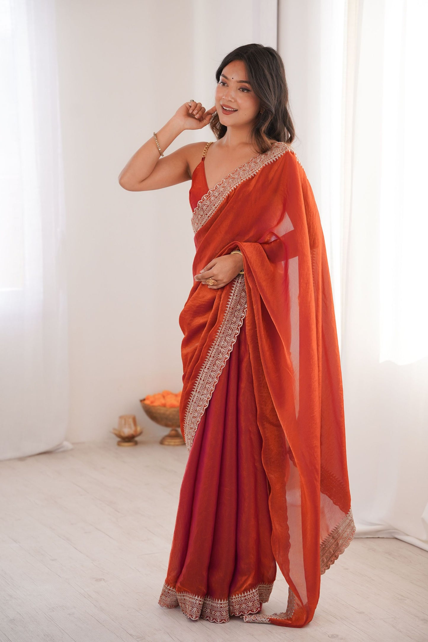 Luxury Rust Orange Organza Saree Designer Embroidered Border