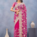 Designer Hot Pink Floral Embroidered Net Saree with Heavy Border
