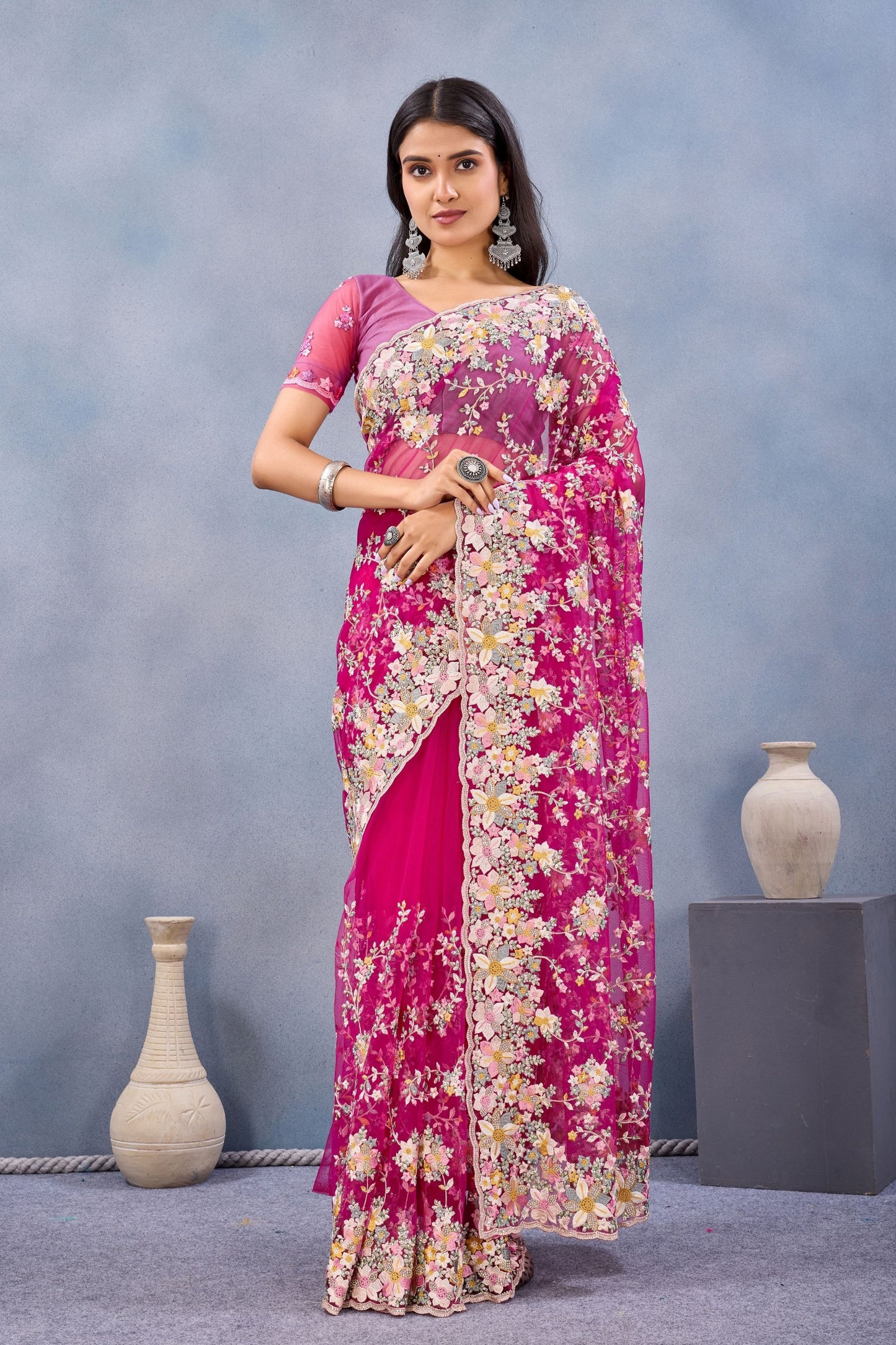 Designer Hot Pink Floral Embroidered Net Saree with Heavy Border