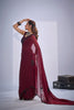 Luxury Wine Maroon Organza Silk Saree Black Floral Embroidery Designer Blouse