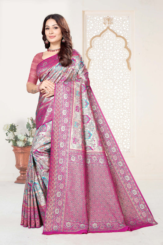 Rani Pink and Sky Blue Banarasi Silk Saree with Rich Zari Woven Design