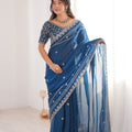 Designer Royal Blue Organza Silk Party Wear Saree Embroidered Blouse