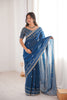 Designer Royal Blue Organza Silk Party Wear Saree Embroidered Blouse