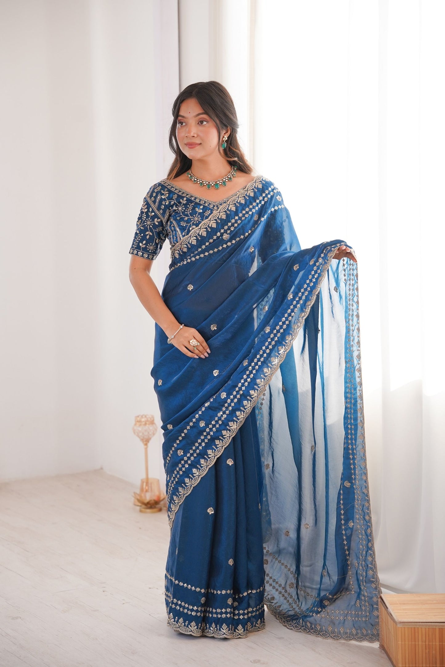 Designer Royal Blue Organza Silk Party Wear Saree Embroidered Blouse