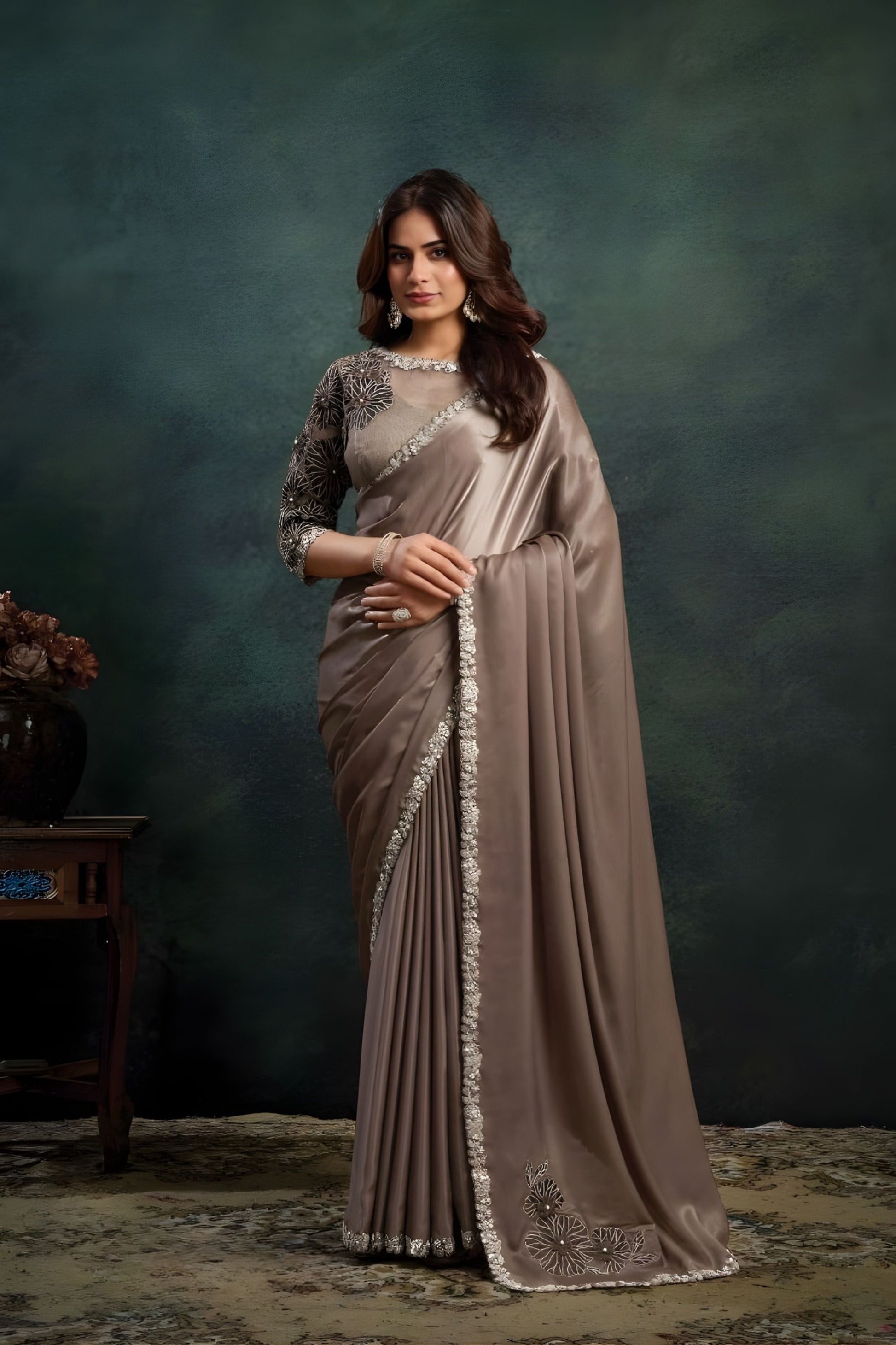 Grey Designer Georgette Saree with Silver Embroidered Border 
