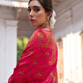 Rani Pink Silk Saree with Gold Paisley Border Floral Weaving Border