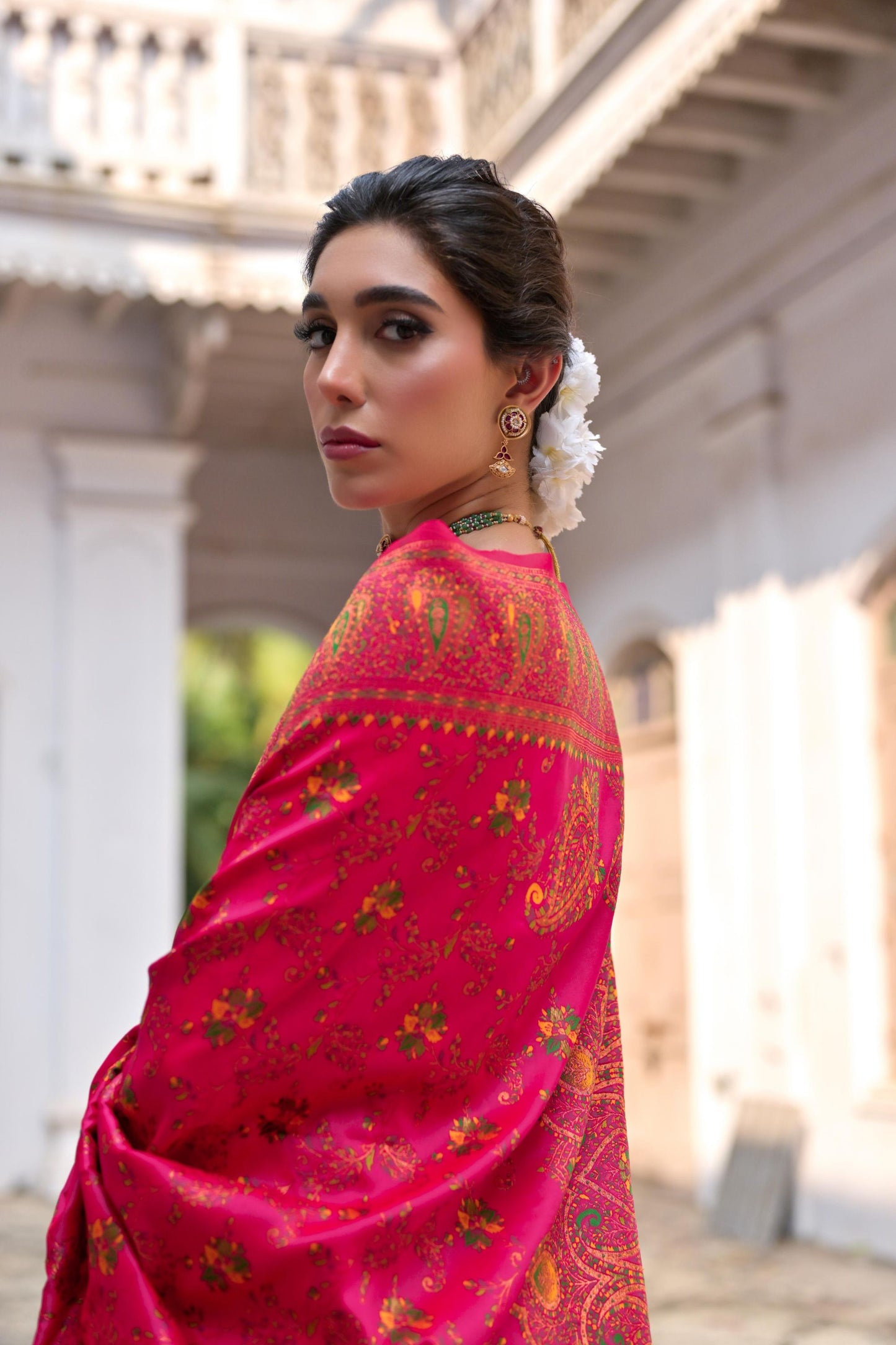 Rani Pink Silk Saree with Gold Paisley Border Floral Weaving Border