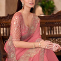 Peach Pink Georgette Saree with Heavy Embroidered Lace Border