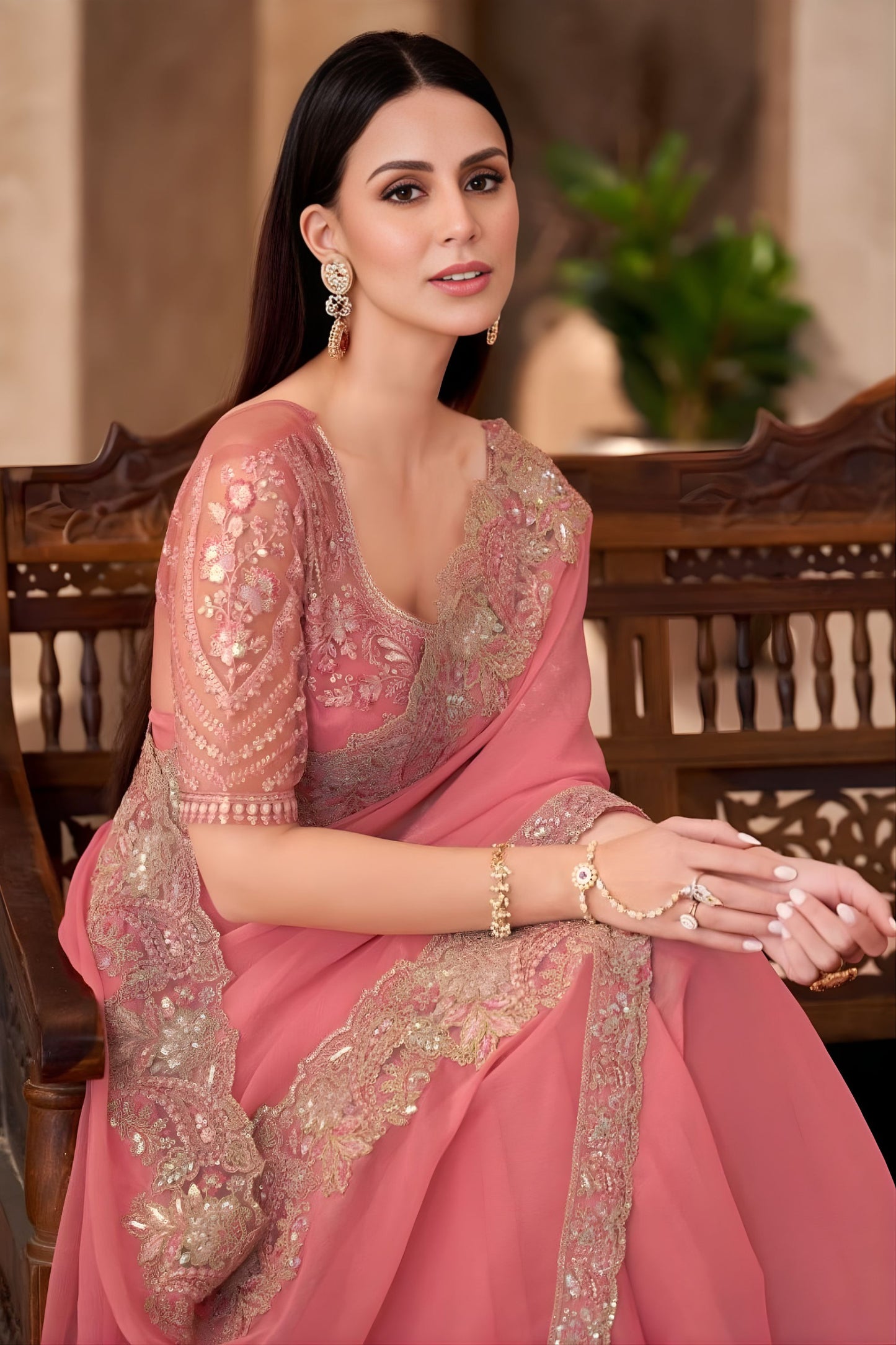 Peach Pink Georgette Saree with Heavy Embroidered Lace Border