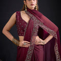 Maroon Silk Saree Antique Silver Zari Border Party Wear Saree