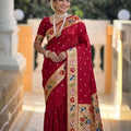 Maroon Red Floral Woven Linen Silk Saree Designer Peacock Border