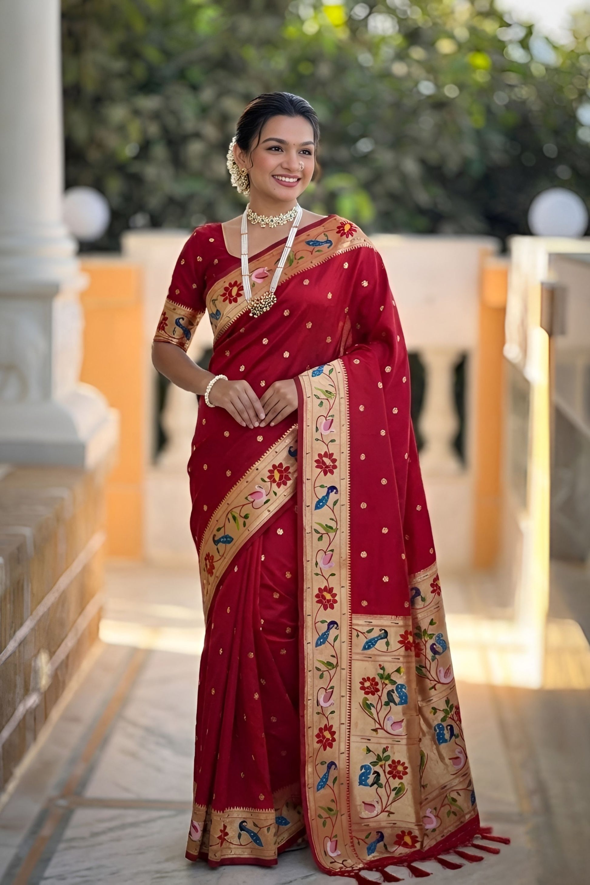 Maroon Red Floral Woven Linen Silk Saree Designer Peacock Border
