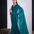 Teal Green Organza Silk Saree Black Floral Embroidery Designer Saree