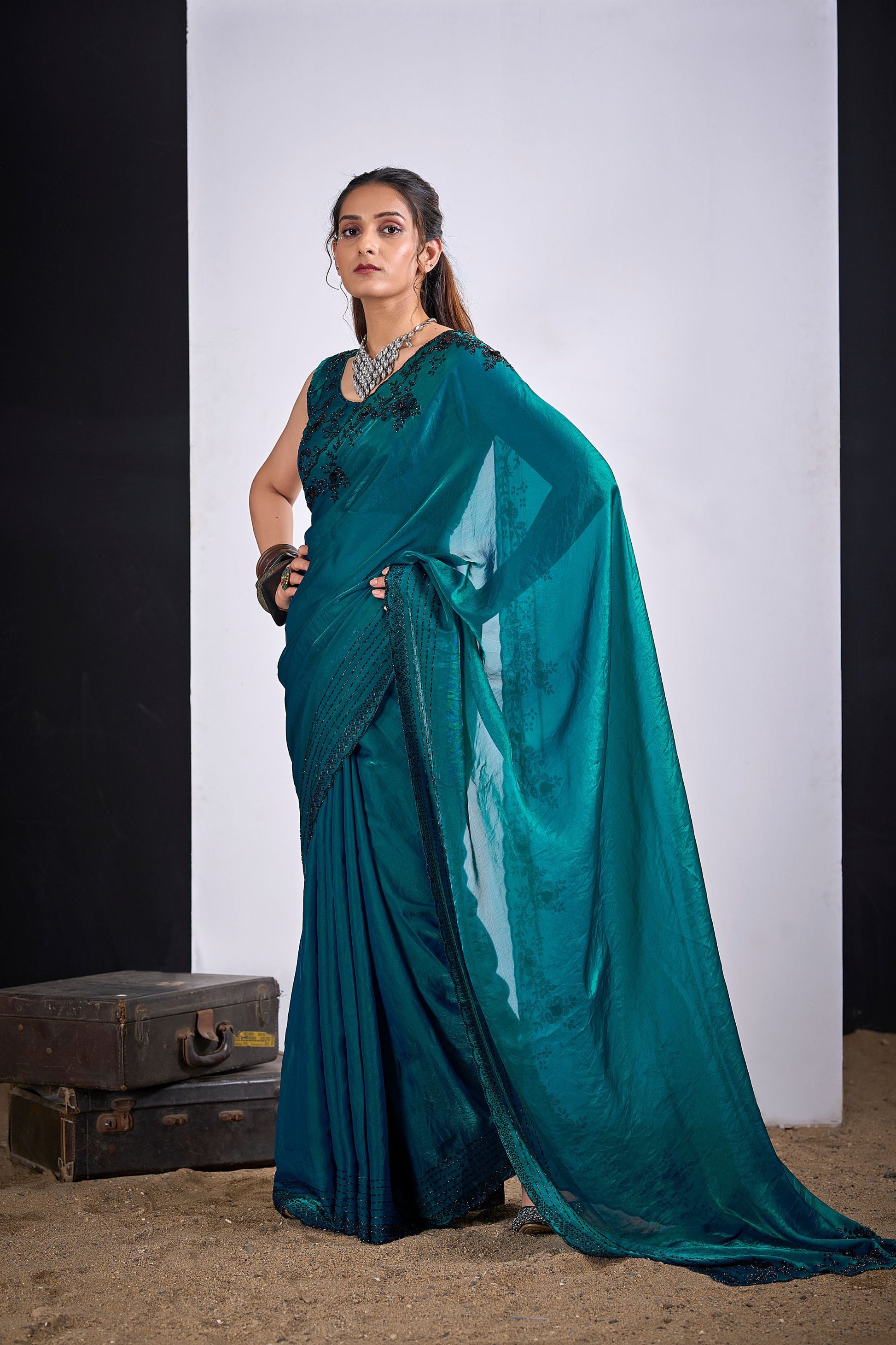  Teal Green Organza Silk Saree Black Floral Embroidery Designer Saree