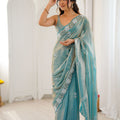Sea Green Soft Silk Saree with Silver Floral Embroidery Border Blouse 