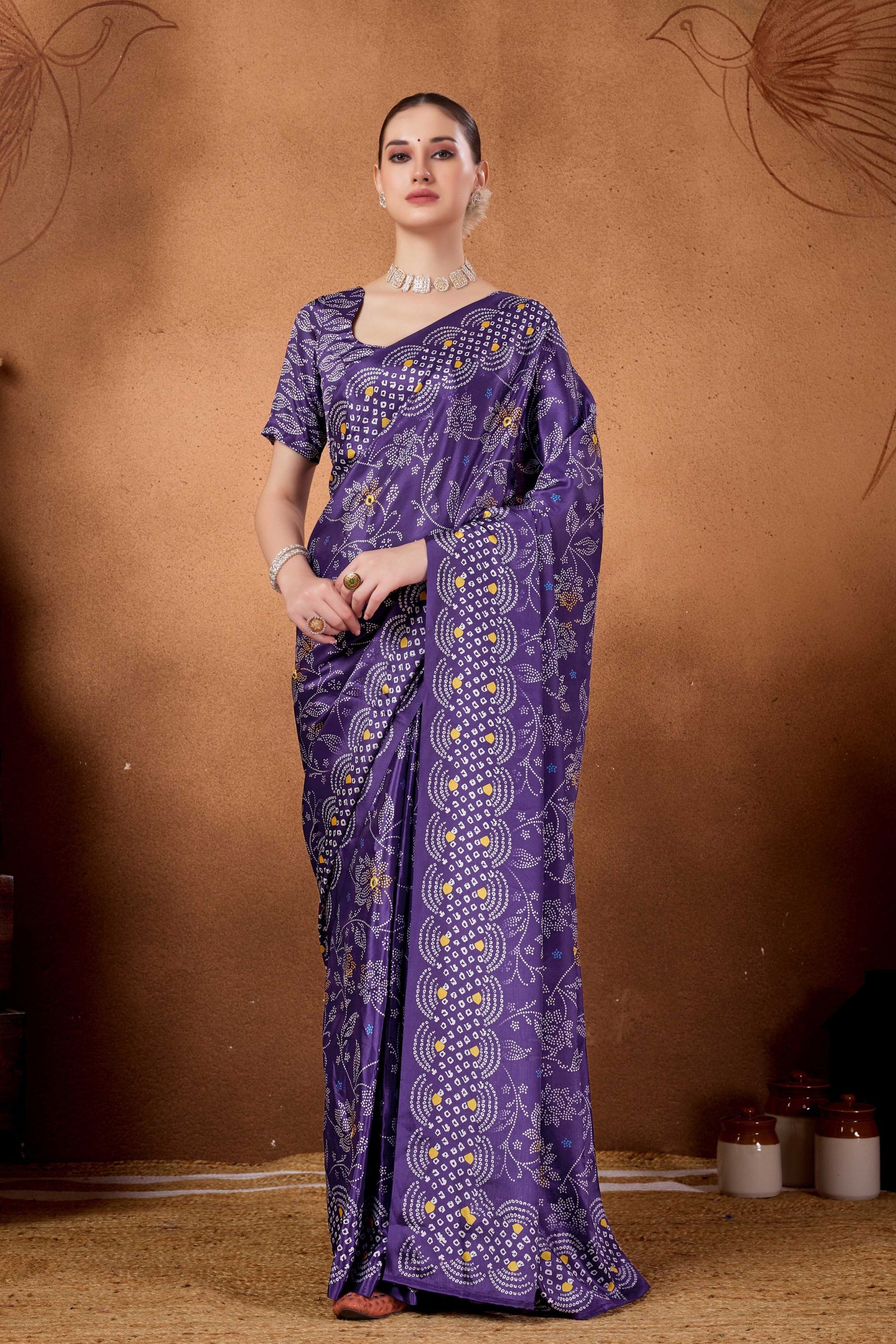 Purple Bandhani Floral Print Saree Designer Saree