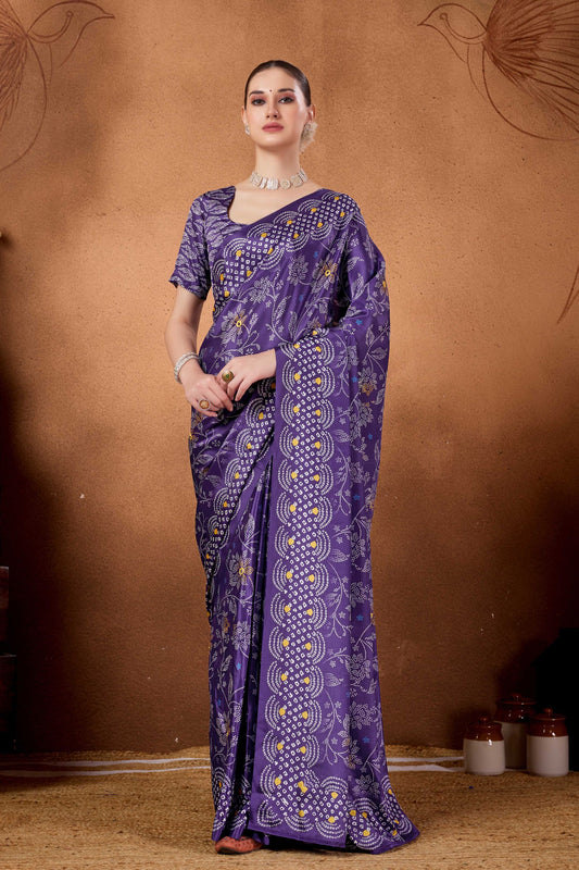 Purple Bandhani Floral Print Saree Designer Saree