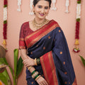 Navy Blue Silk Saree Red Woven Border Traditional Design