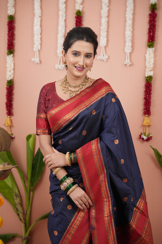 Navy Blue Silk Saree Red Woven Border Traditional Design