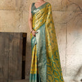 Mustard Yellow Banarasi Silk Saree Teal Blue Zari Border Floral Weaving
