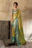 Mustard Yellow Banarasi Silk Saree Teal Blue Zari Border Floral Weaving