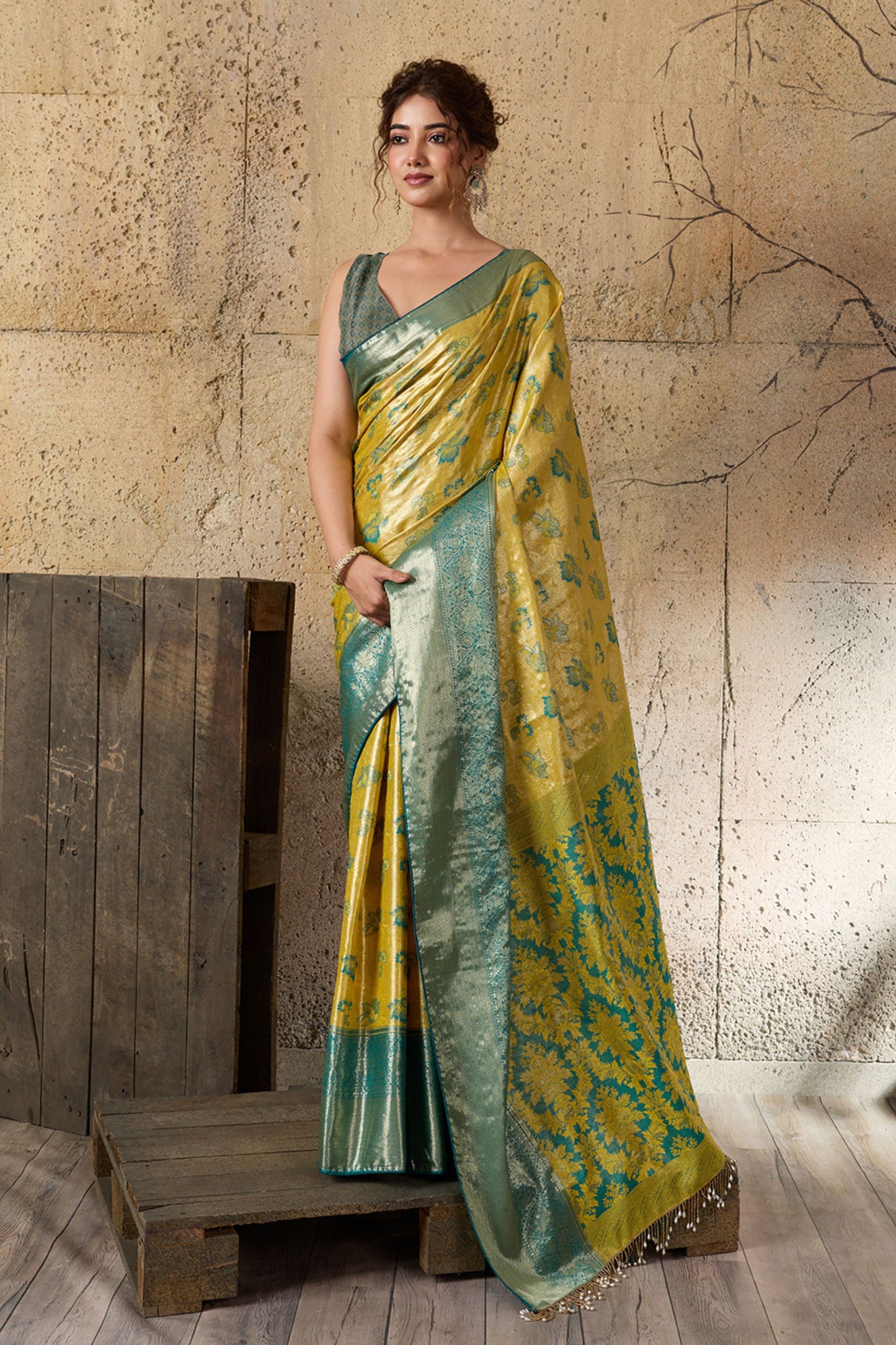 Mustard Yellow Banarasi Silk Saree Teal Blue Zari Border Floral Weaving