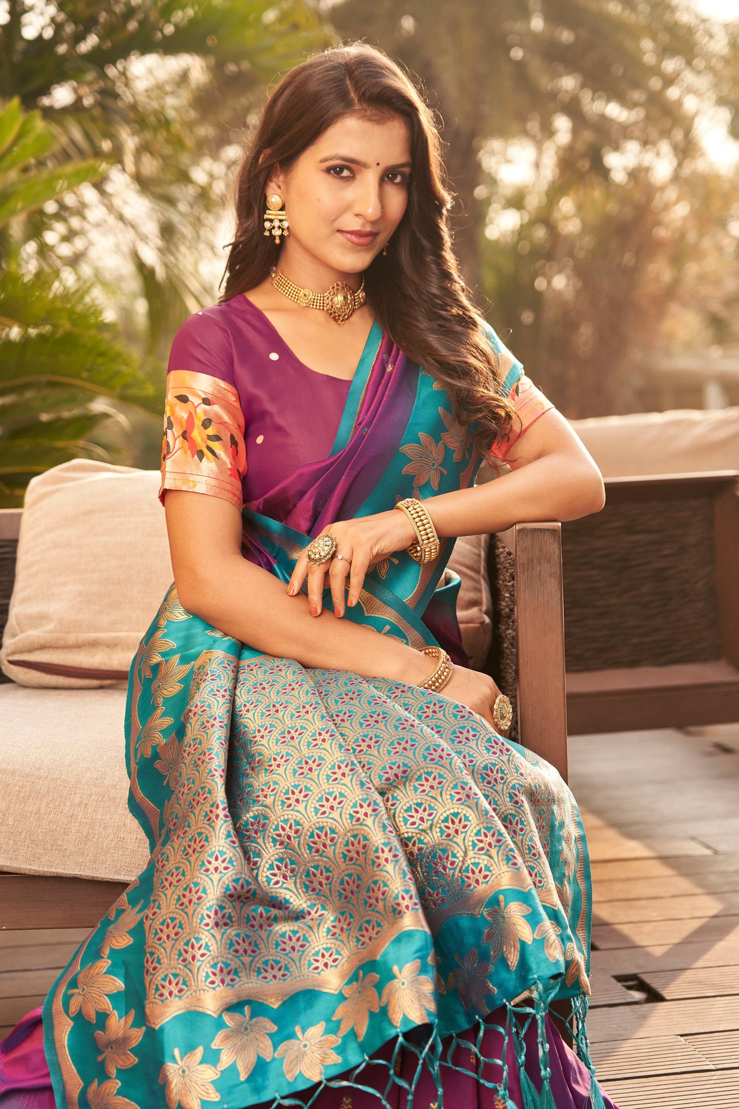 Magenta Silk Saree with Teal Green Contrast Border Floral Zari Work