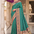 Teal Green Paithani Silk Saree Zari Floral Woven Border Traditional Peacock Pallu