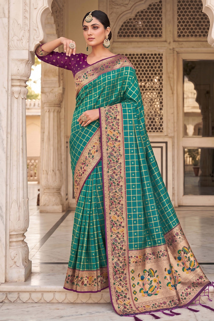 Teal Green Paithani Silk Saree Zari Floral Woven Border Traditional Peacock Pallu