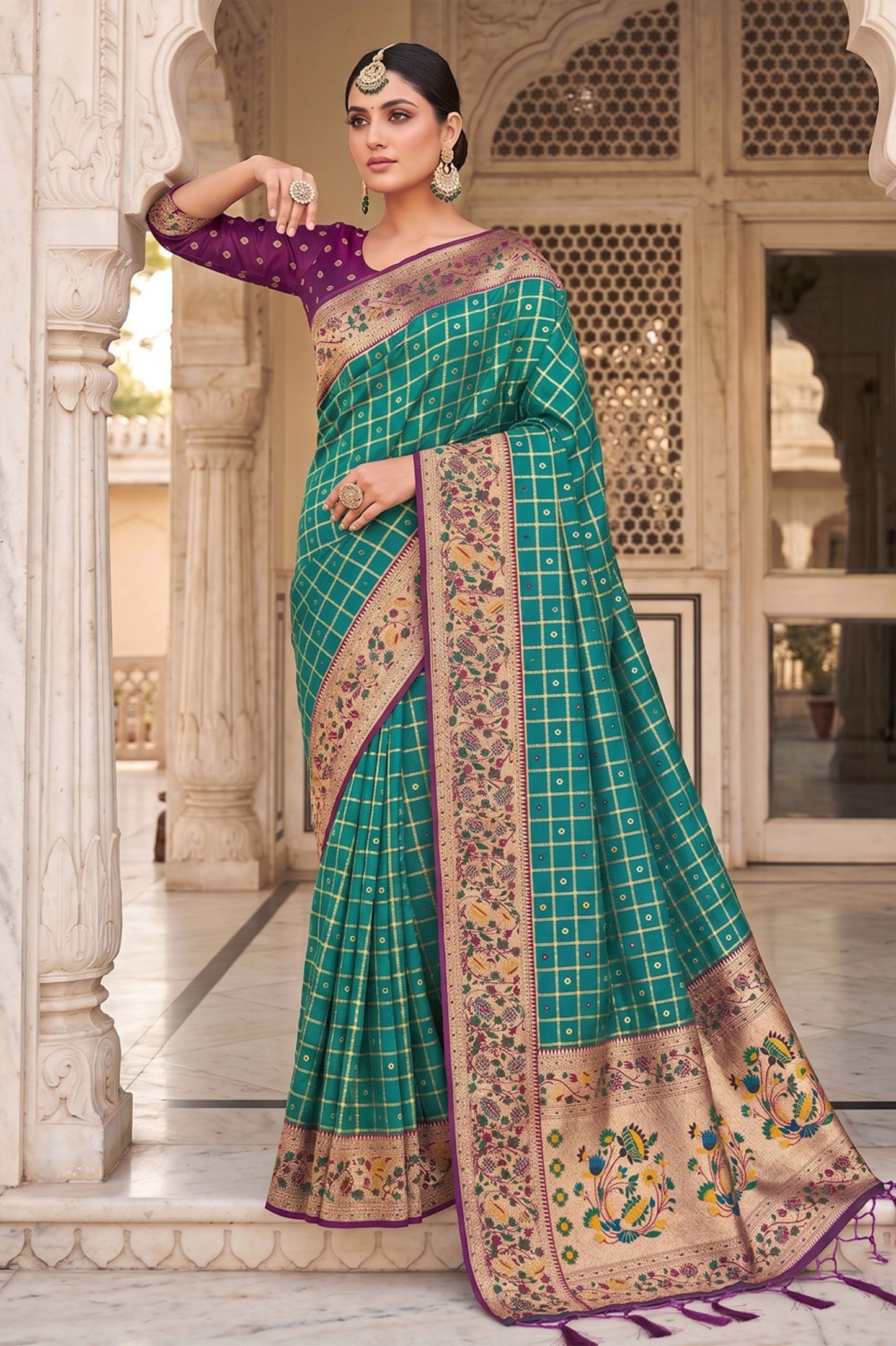 Teal Green Paithani Silk Saree Zari Floral Woven Border Traditional Peacock Pallu