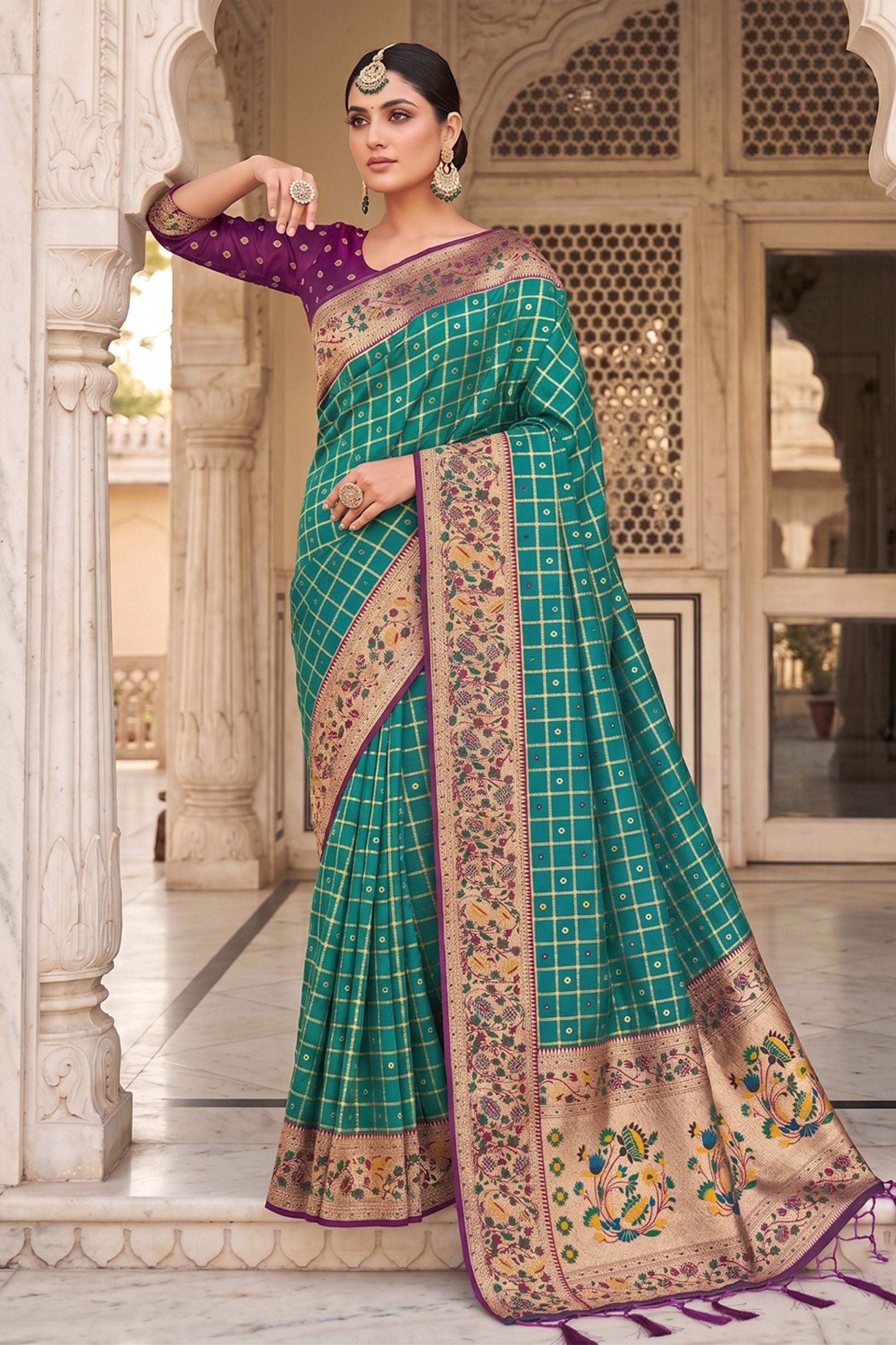 Teal Green Paithani Silk Saree Zari Floral Woven Border Traditional Peacock Pallu