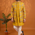 Stunning Mustard Yellow Floral Printed Indo Western Sherwani With Designer Jacket