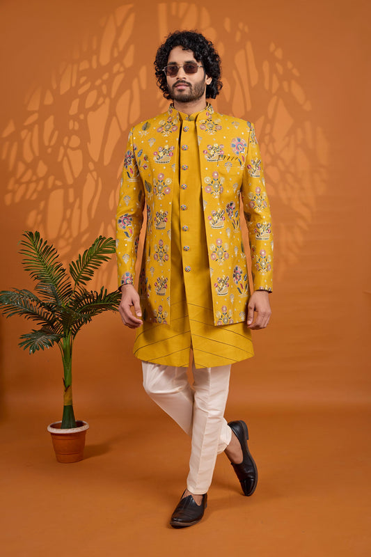 Stunning Mustard Yellow Floral Printed Indo Western Sherwani With Designer Jacket