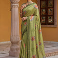 Olive Green Printed Linen Silk Saree with Floral Design