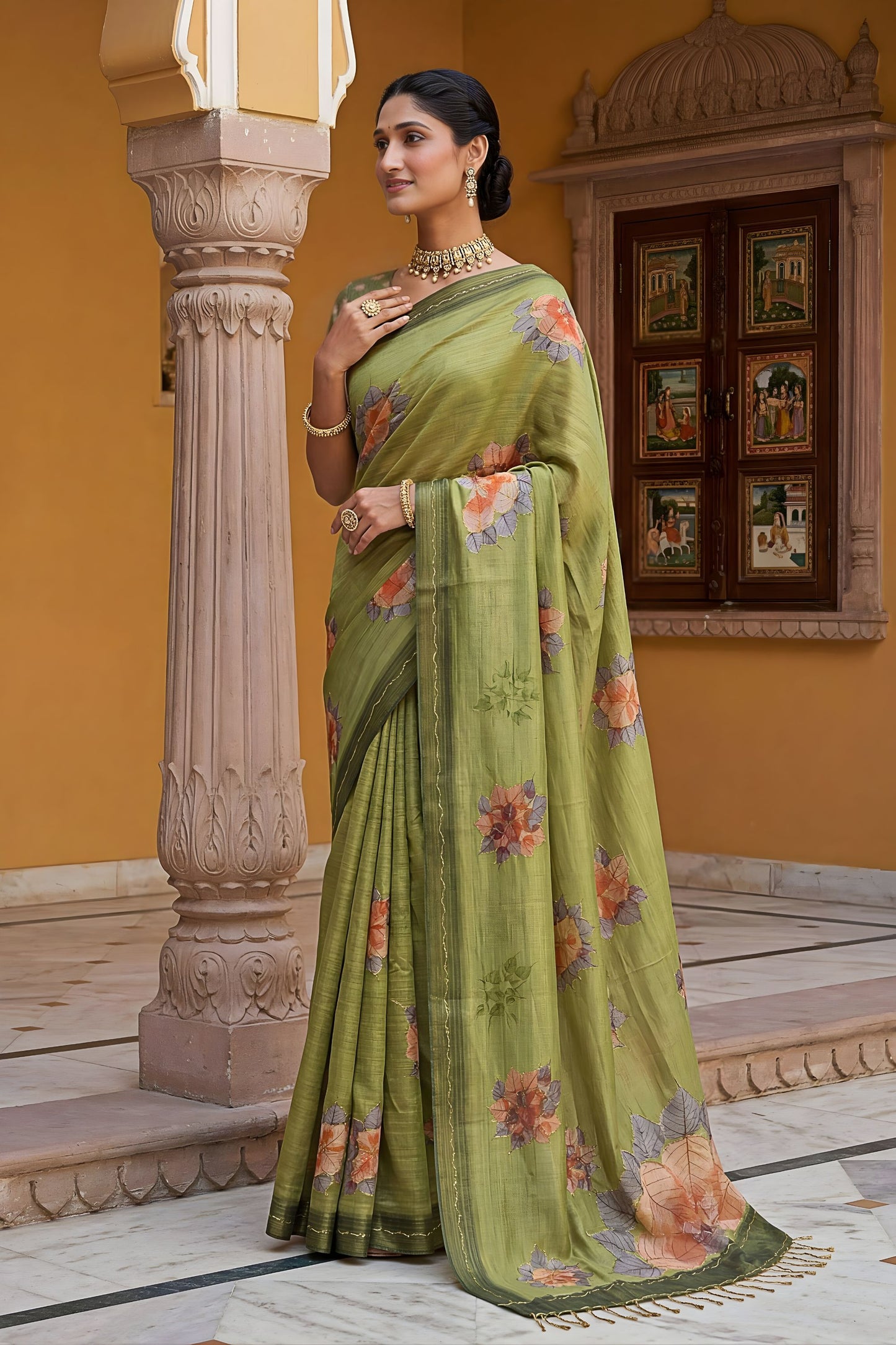 Olive Green Printed Linen Silk Saree with Floral Design