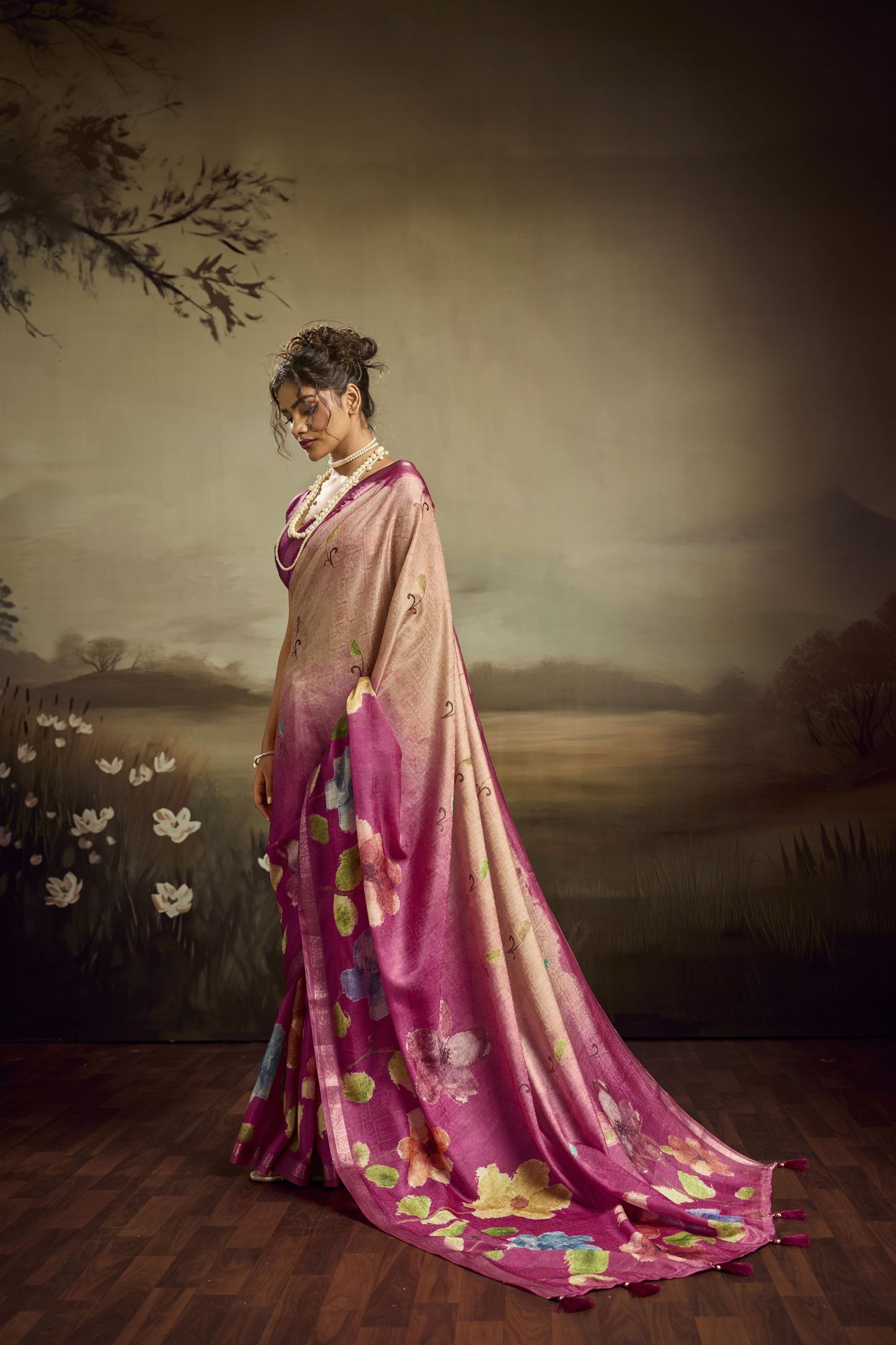 Magenta Pink Linen Silk Saree Floral Digital Print Designer Tassel Pallu