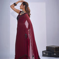 Maroon Organza Saree Black Floral Embroidery Designer Party Wear Saree