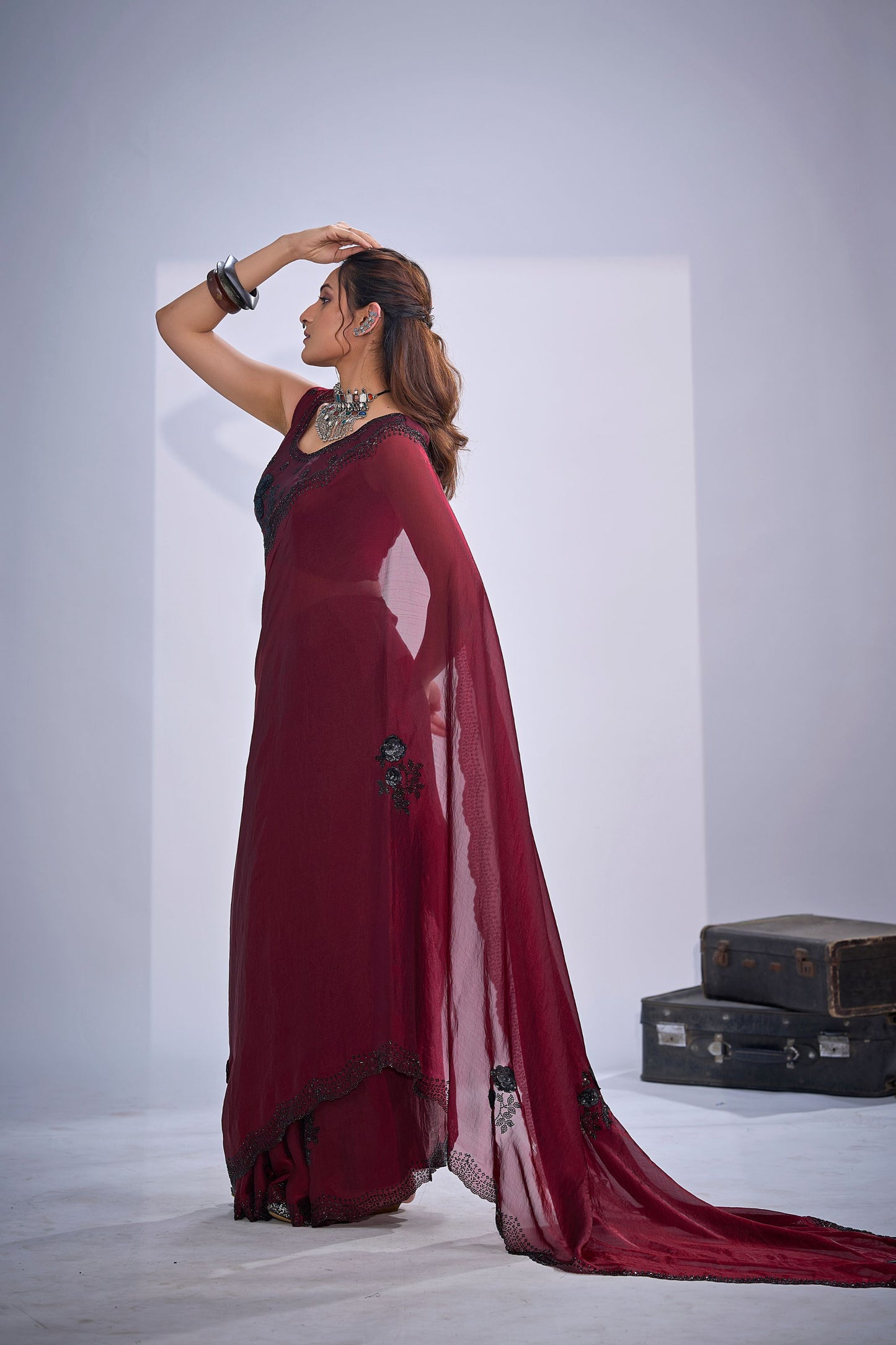 Maroon Organza Saree Black Floral Embroidery Designer Party Wear Saree