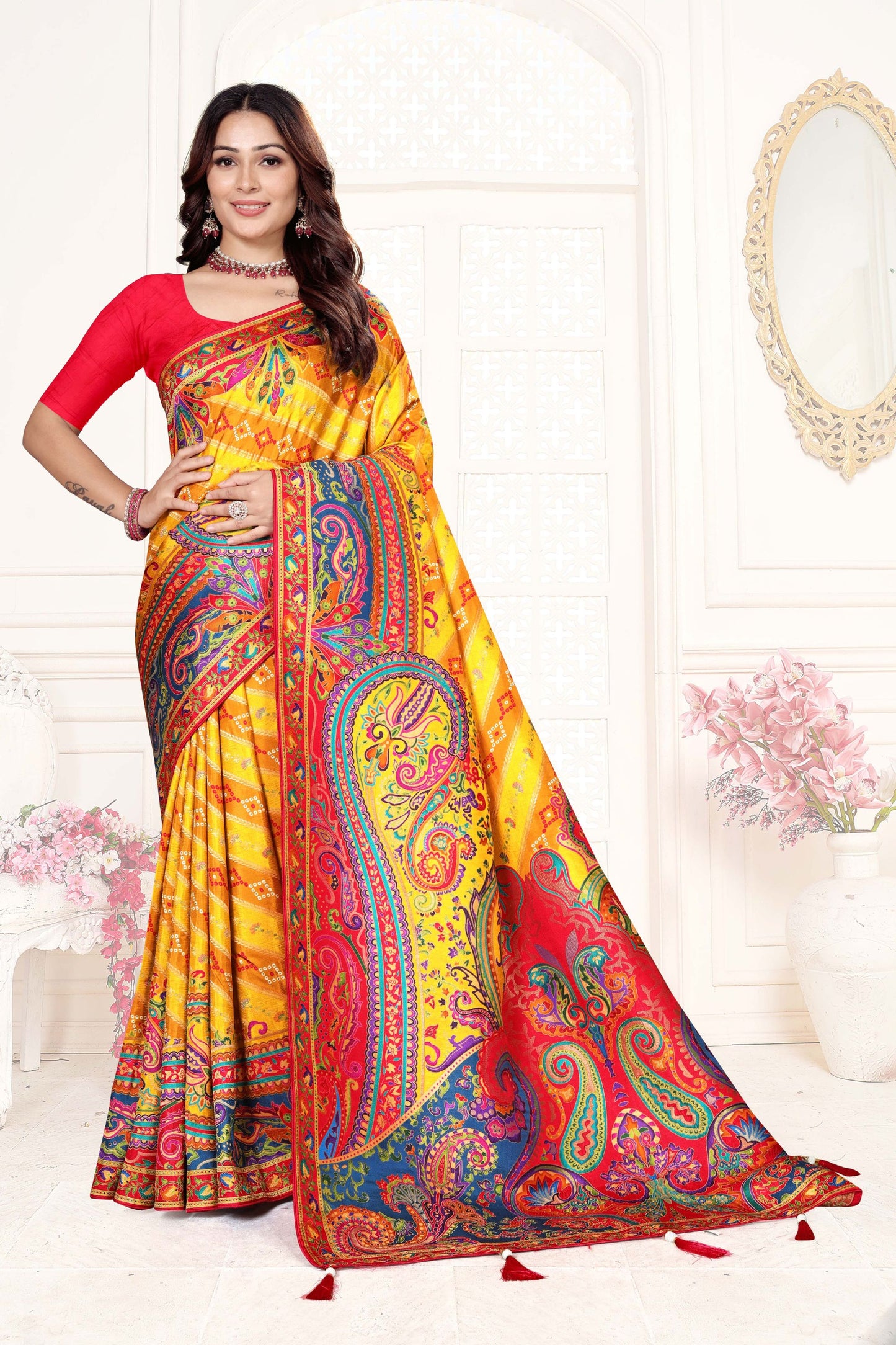Yellow Multicolor Paisley Printed Saree with Designer Border