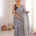 Black White Rose Floral Printed Linen Saree Designer Lace Border